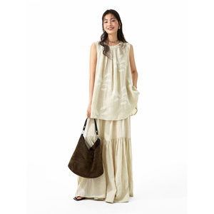 
Luobian Retro Linen Two-piece Sleeveless Embroidered Shirt Top Lazy Style Elastic Waist Layered Design Skirt