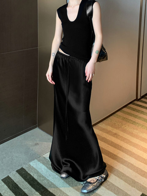 Luobian high-quality acetic acid retro-style loose high-waisted belted skirt mid-length versatile slimming skirt