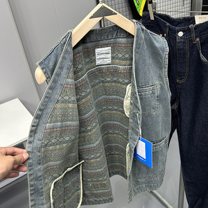 
Vintage ethnic style lining, trendy brand cotton washed men's and women's layered workwear denim vest casual sleeveless vest