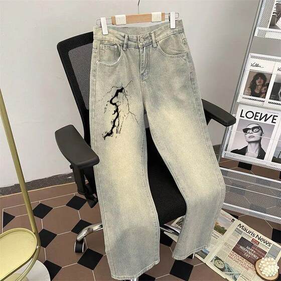 Zhongda Children's yellow mud -colored jeans versatile casual straight men's pants spring and autumn American -style velvet loose wide -leg pants
