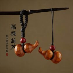 Natural Peach Wood Gourd Fortune Car Keychain Cinnabar Pendant Mobile Phone Chain Men and Women Couple Woven Jewelry Pendant