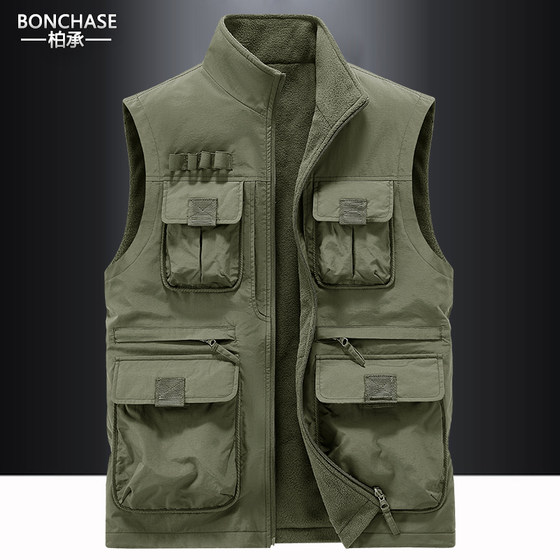 
Reversible polar fleece vest for autumn and winter men's vest warm stand-up collar vest multi-pocket outdoor top multi-pocket jacket