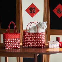 Large Capacity New Year Woven Satchel Vegetable Basket Bag Red Festive Wedding Accompaniment Basket Hand Basket Bag for Women