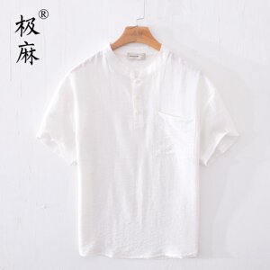
Extreme linen summer stand-up collar pullover short-sleeved cotton and linen shirt men's fresh basic casual versatile loose linen shirt