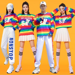 Pure Cotton Rainbow Striped Sweatshirt Student Class Uniform Performance Outfit School Uniform Cheerleading Street Dance Sports Top Trendy