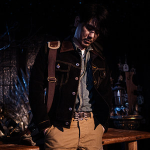 Mo Chen men's genuine leather leather jacket corduroy spliced cowhide leather reverse velvet lapel jacket spring and autumn short jacket PF57H