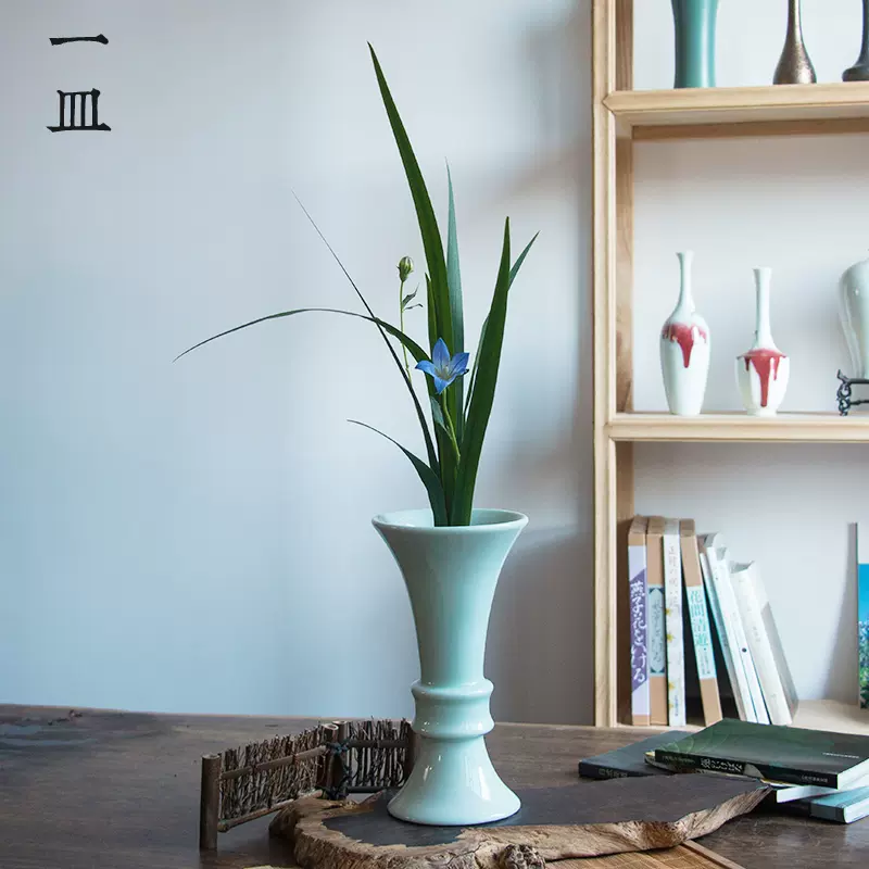 陶瓷花觚插花花器禅意池坊日式花道青釉磨砂黑小