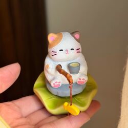 Cute Cat Fishing Figurine, Stress-Relief Desktop Ceramic Ornament, Healing Decor, Jingdezhen