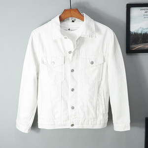 All cotton spring autumn pure white denim jacket male high -end casual jacket short pure cotton white top trend new style
