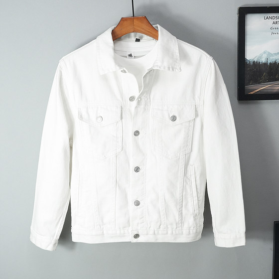 All cotton spring autumn pure white denim jacket male high -end casual jacket short pure cotton white top trend new style

