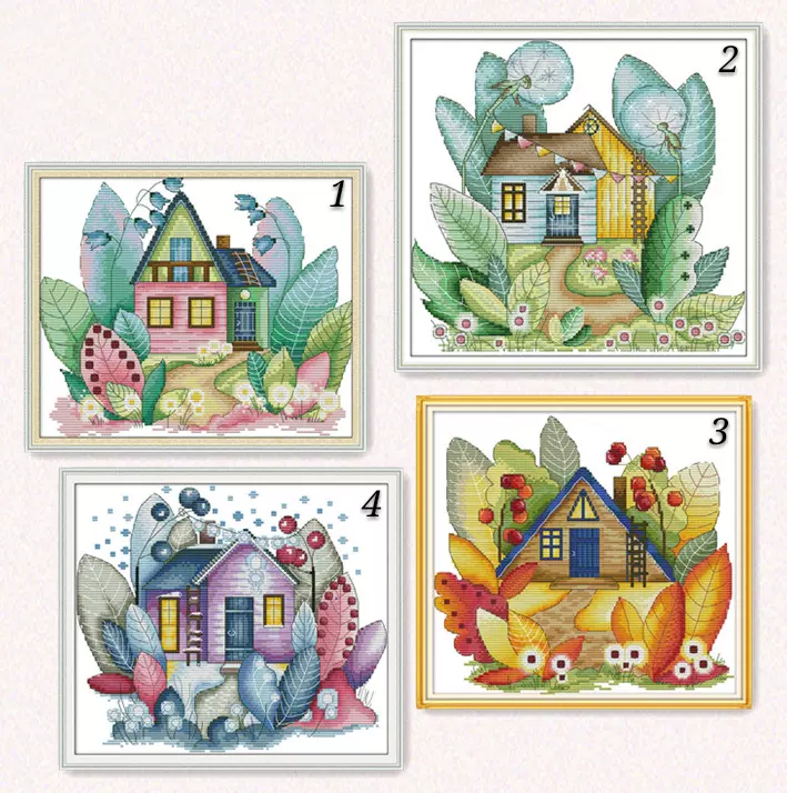 清晰印花十字绣四季小屋春夏秋冬四季鲜花花小屋童话小屋花