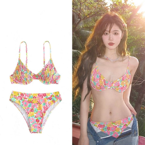 
Women's swimsuit 2026 new color printed pleated bikini underwire small breast push-up split ins hot spring vacation