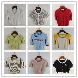 Vintage Korean style loose and slim solid color pattern short knitted ice silk spring and summer top
