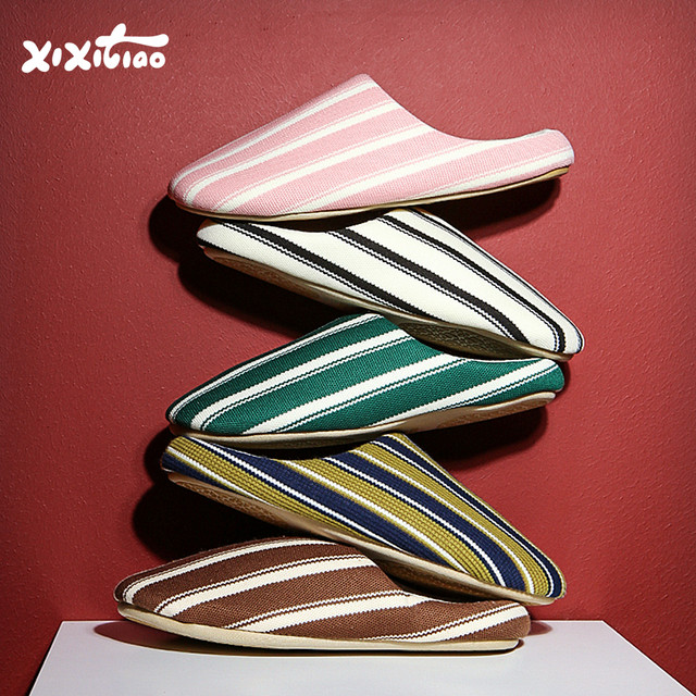 
Thin strips niche contrasting striped cotton and linen slippers for men and women comfortable home couple air-conditioned room floor shoes spring and summer