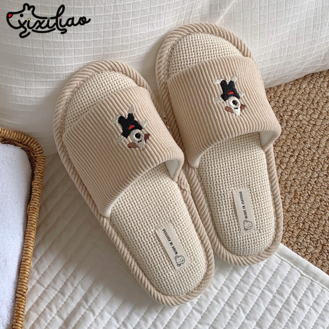 Film four seasons universal couple linen slippers cute genuine head dog room sweat -absorbing floor shoes men and women

