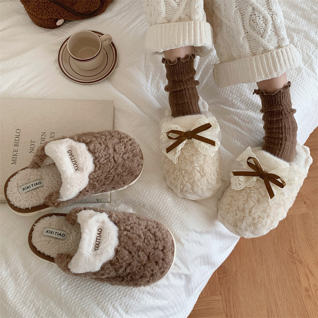 Thin strips couple cotton slippers autumn and winter men and women fashionable home warm Korean style bow fur shoes ins