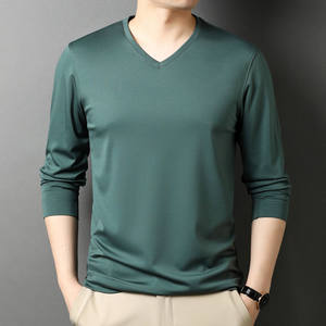 
Spring and Autumn Mulberry Silk Long Sleeve T-shirt Men's Solid Color Chicken Heart V-neck Thin Autumn Clothes Base Shirt Underwear Top Trendy