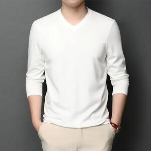 
V-neck long-sleeved T-shirt men's spring and autumn chicken heart collar T-shirt solid color plus fat plus size elastic inner top coat