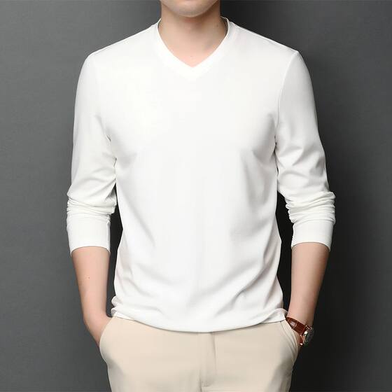 
V-neck long-sleeved T-shirt men's spring and autumn chicken heart collar T-shirt solid color plus fat plus size elastic inner top coat