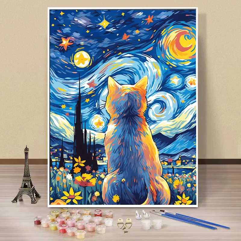 数字油画手工diy梵高星空猫咪油挂画填色老虎装饰画