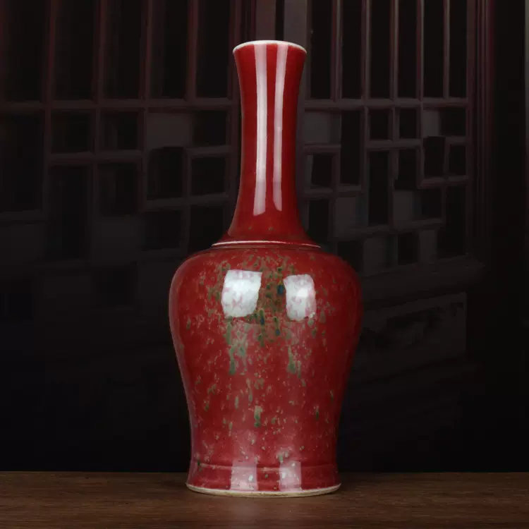 清康熙豇豆红釉美人醉釉摇铃尊花瓶古董古玩陶瓷仿古老货收藏品-Taobao
