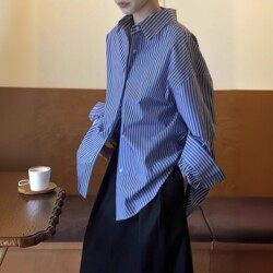 Autumn New French-Style Retro Blue Vertical Striped Shirt for Women, Loose Long-Sleeved Versatile Layered Off-Shoulder Shirt