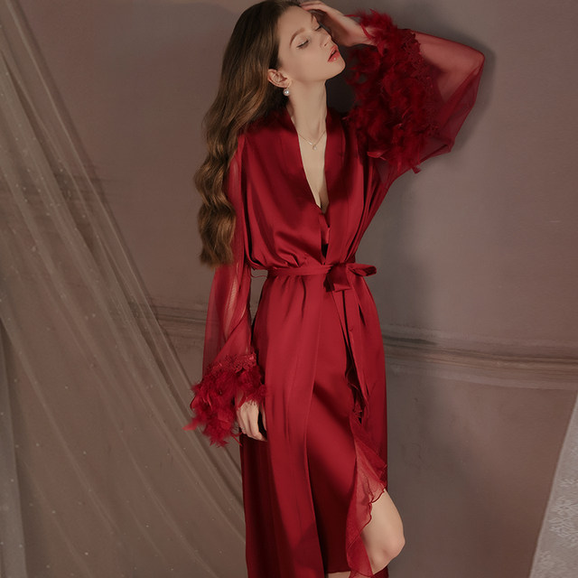 Sexy Pajamas Women's Mesh Bathrobe Silk Long Red Pure Lust Palace Style ...