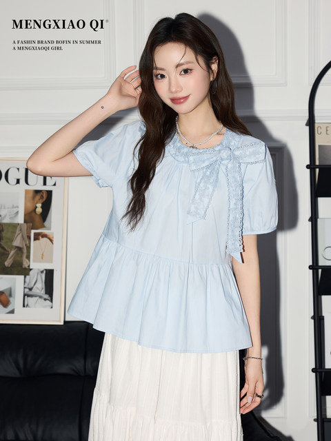 Meng Xiaoqi bow blue puff sleeve shirt women's summer lace strap shirt special beautiful top