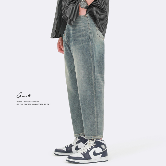 【WOOHWA】WASHED STRAIGHT DENIM PT Gwit Men's Loose Straight Crop Jeans - Summer Stone Wash