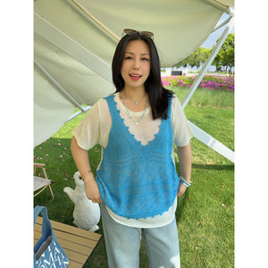 
VOGANA Cannes plus size women's French gentle layered fake two-piece crocheted short-sleeved loose slimming sweater