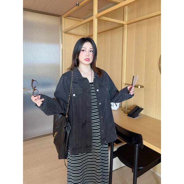 VOGANA Cannes home large size women's clothing early spring street yuppie style tearing denim clothes loose and cover meat to make it look slimming jacket