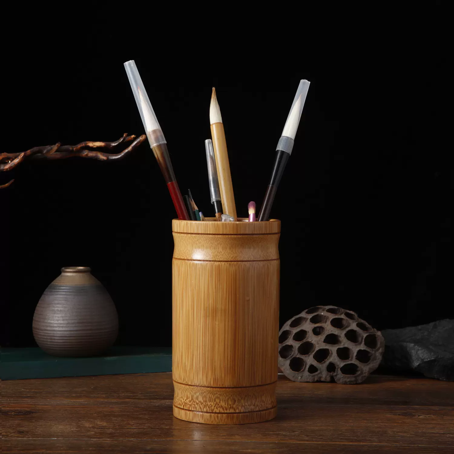 竹製筆筒 筆筒 竹筆筒連身收納多功能大容量竹製筆筒套裝圓形辦公