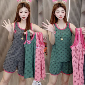 
New summer ice silk thread cotton women's pajamas cute cartoon bear sleeveless vest shorts home clothing set