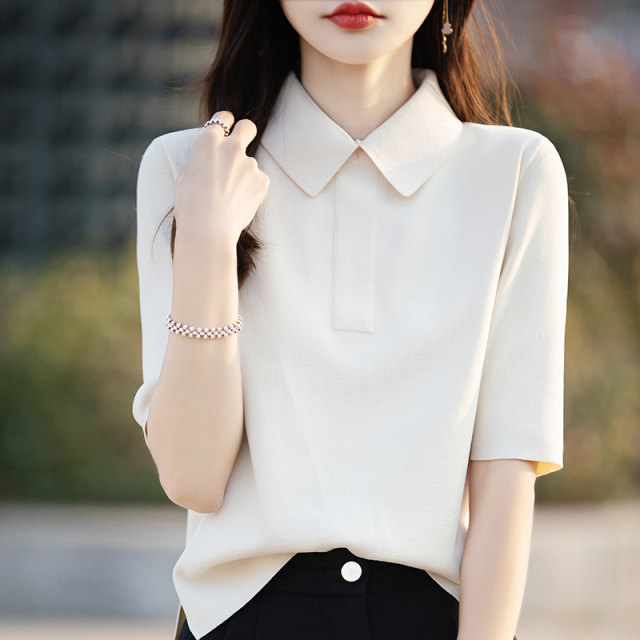 Modern urban style French retro polo lapel half-sleeved sweater ice silk mid-sleeved T-shirt short-sleeved top
