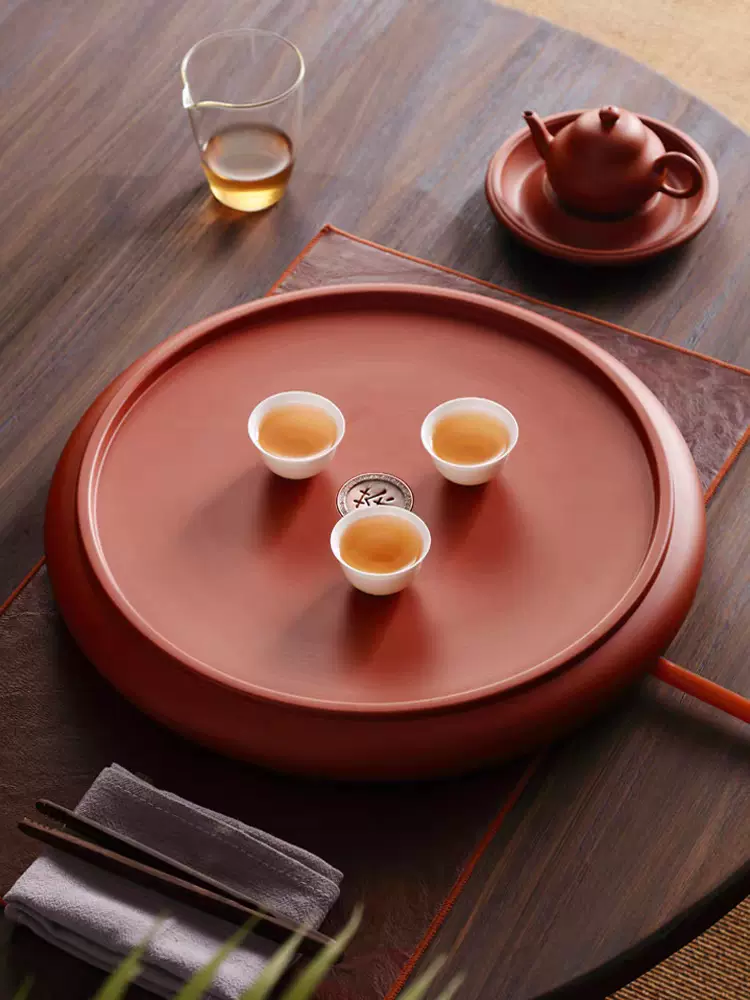 14寸潮州朱泥功夫茶盘手拉家用茶具圆形红泥紫砂落水式茶船茶台-Taobao 