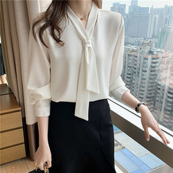 White Chiffon Shirt for Women, Spring 2026 New Style, Stylish and Age-Reducing, with Tie Design, Niche Long-Sleeve Professional Top