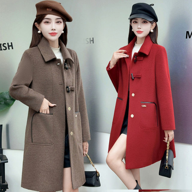 New mid-length woolen jacket autumn and winter Korean version loose slim small woolen coat middle-aged lapel jacket
