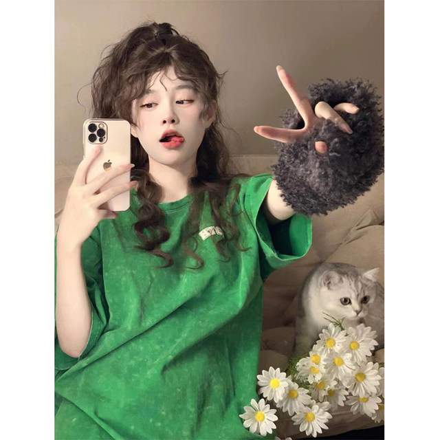 Summer new Korean version of American advanced cotton round neck versatile fashion green short sleeve top

