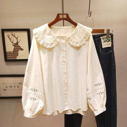 Forest-Style Sweet Embroidered Doll Collar White Shirt, Thickened and Brushed, Loose-Fitting Oversized Top for Students in Autumn and Winter, Suitable for Layering with a Vest