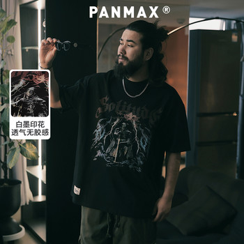 
PANMAX trendy brand plus size men's clothing 2025 summer American retro white ink printed round neck short-sleeved tops for men