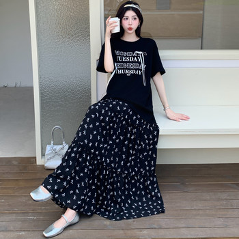 Zhang's sweet and cool style large size women's clothing fat girl mm slimming suit age-reducing short-sleeved T-shirt draped skirt