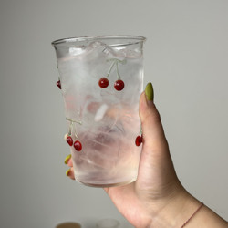 High Borosilicate Cherry Glass Embossed Hand-Painted Three-Dimensional Milk Cup ins Coffee Cup Juice Cup Sparkling Water Wine Glass
