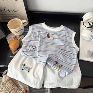 
Children's casual striped cartoon vest shorts suit boy's summer new pure cotton sleeveless T-shirt two-piece set