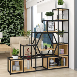 Wrought Iron Floor Screen Partition Living Room Combination Retro Trapezoidal Grid Storage Rack Solid Wood Display Rack Simple and Modern