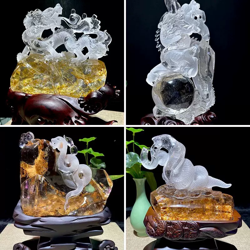 天然东海水晶龙摆件真水晶雕刻蛇十二生肖龙球龙凤龙马飞龙中国龙-Taobao