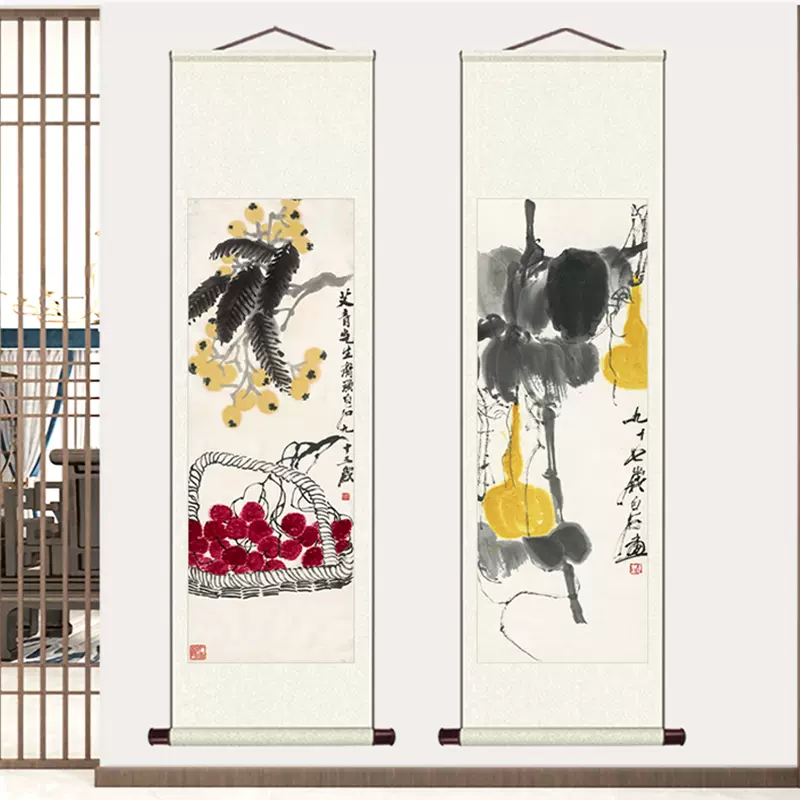 齊白石字畫作品水墨蝦畫新中式卷軸畫豎版裝飾畫書房玄關茶室掛畫-Taobao