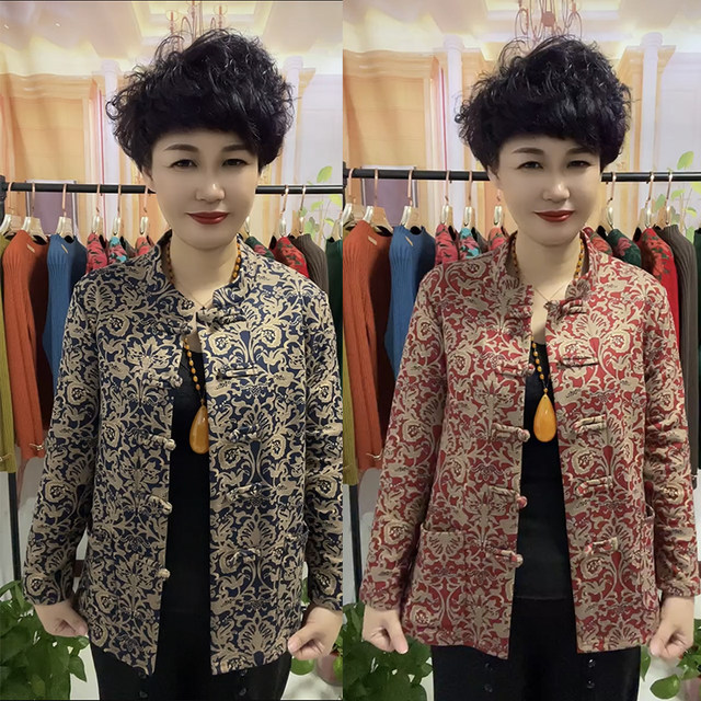 Ethnic style mother's Tang suit small coat winter new style plus velvet buckle short cardigan elastic warm floral top