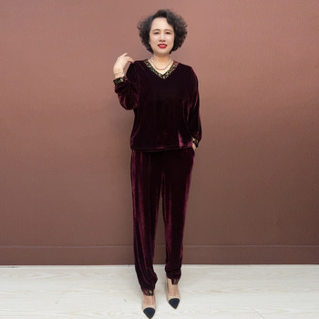 
Chinese style mother embroidered velvet top and pants two-piece set