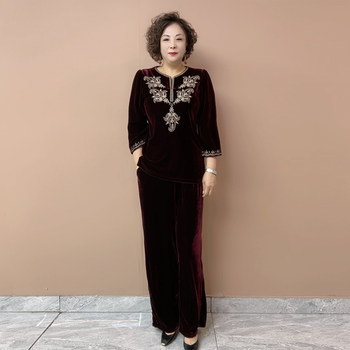 
High-end ethnic style mother outfit velvet embroidered top wide-leg pants in autumn new mid-sleeved shirt large size two-piece set