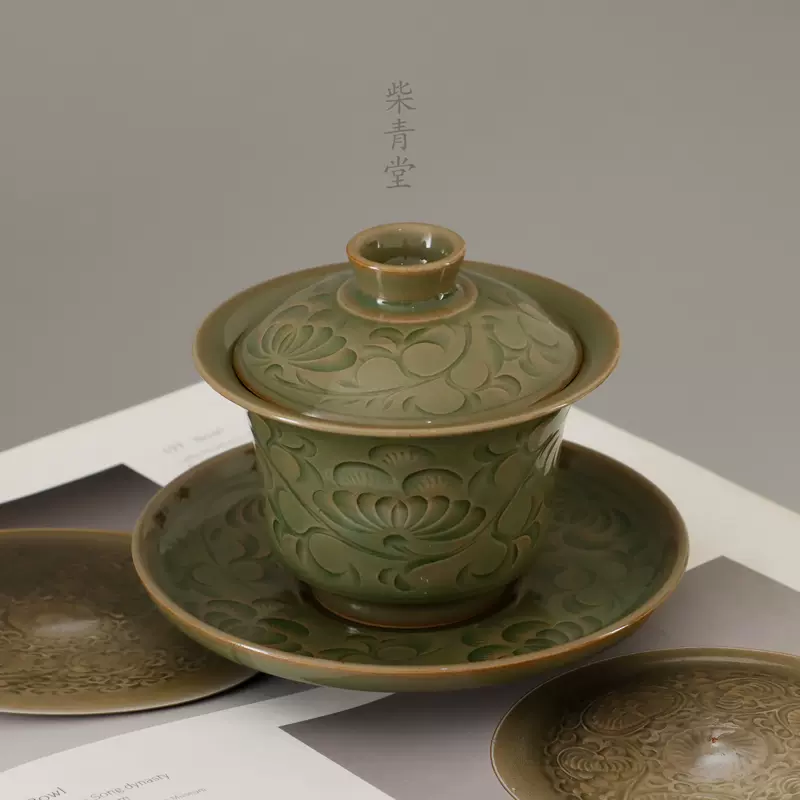 亦知青瓷世外桃源浮雕茶碗：高端手工艺术，泡茶赏心悦目！-盖碗